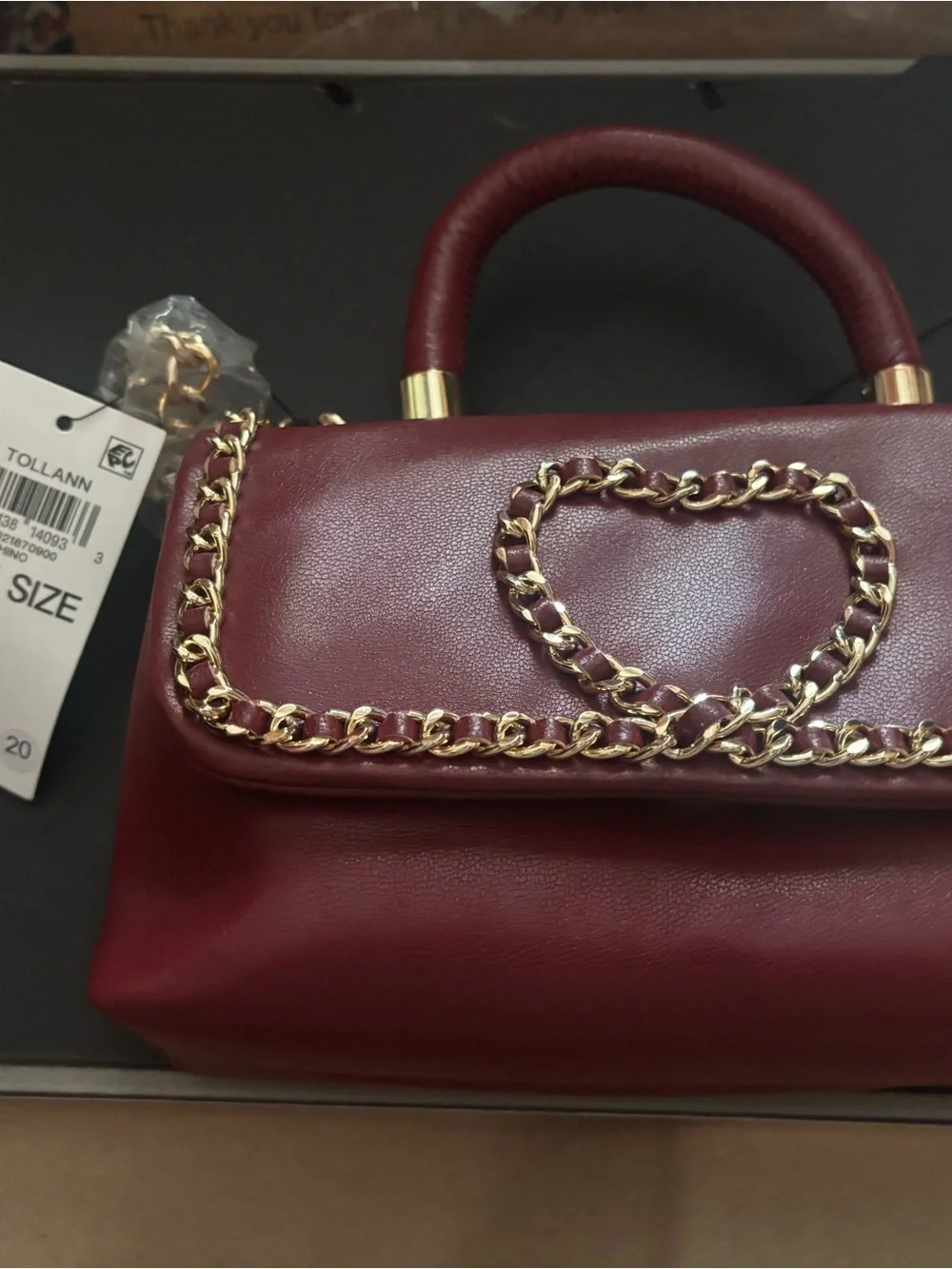 INC International Concepts Burgundy Satchel with Gold Chain Heart